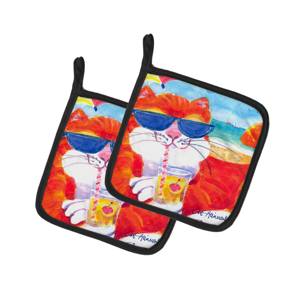 Cool Cat with Sunglasses at the beach Pot Holder Set of 2 Heat Resistant Quilted Hot Pads 7.5 x 7.5 Inch, Insulated Kitchen Trivets for Cooking & Baking