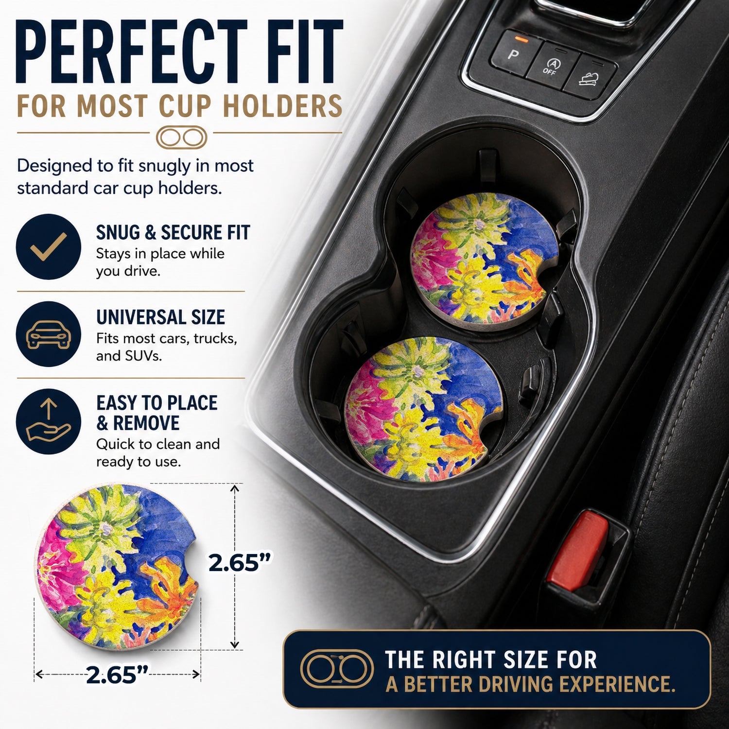 Flower Set of 2 Cup Holder Car Coasters Absorbent Round Sandstone Coasters Gifts for Men or Women, 2.5, Multicolor