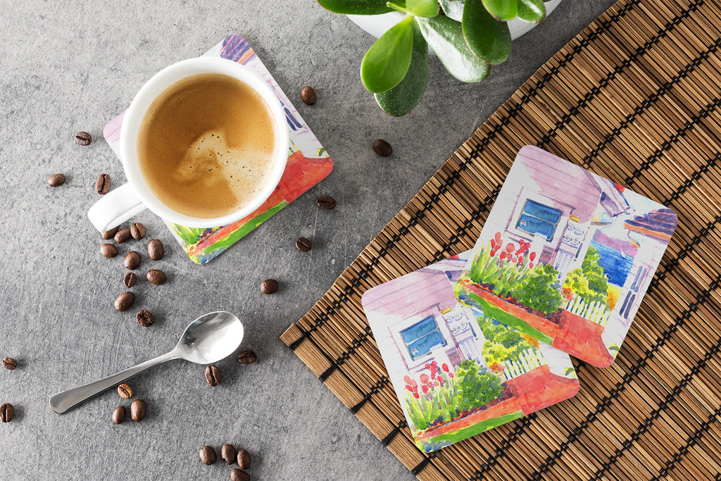 Beach View between the Houses Foam Coasters Set of 4 Cup Coasters for Indoor Outdoor, Tabletop Protection, Anti Slip, Mouse pad Material