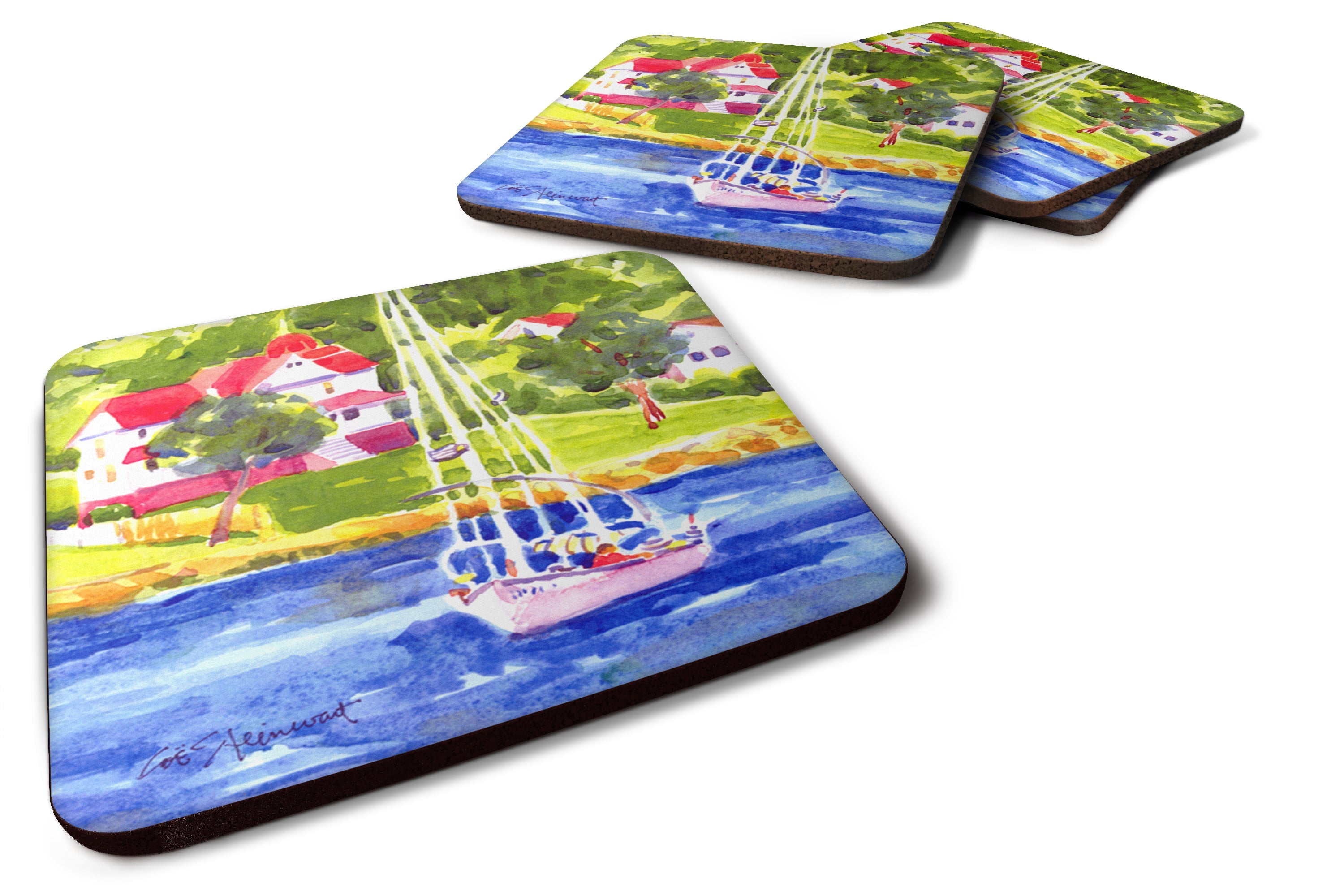 Sailboat on the lake Foam Coasters Set of 4 Cup Coasters for Indoor Outdoor, Tabletop Protection, Anti Slip, Mouse pad Material