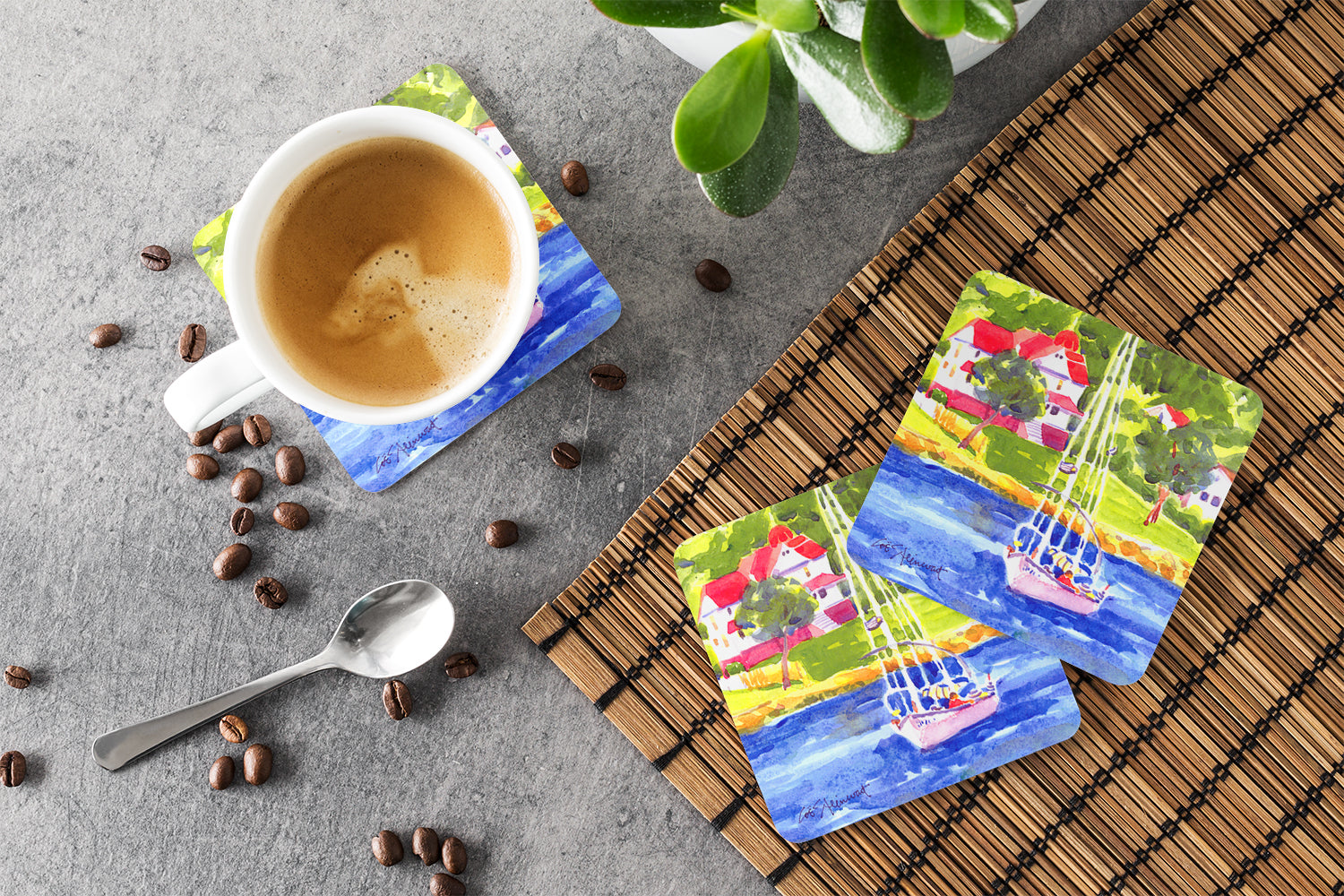 Sailboat on the lake Foam Coasters Set of 4 Cup Coasters for Indoor Outdoor, Tabletop Protection, Anti Slip, Mouse pad Material