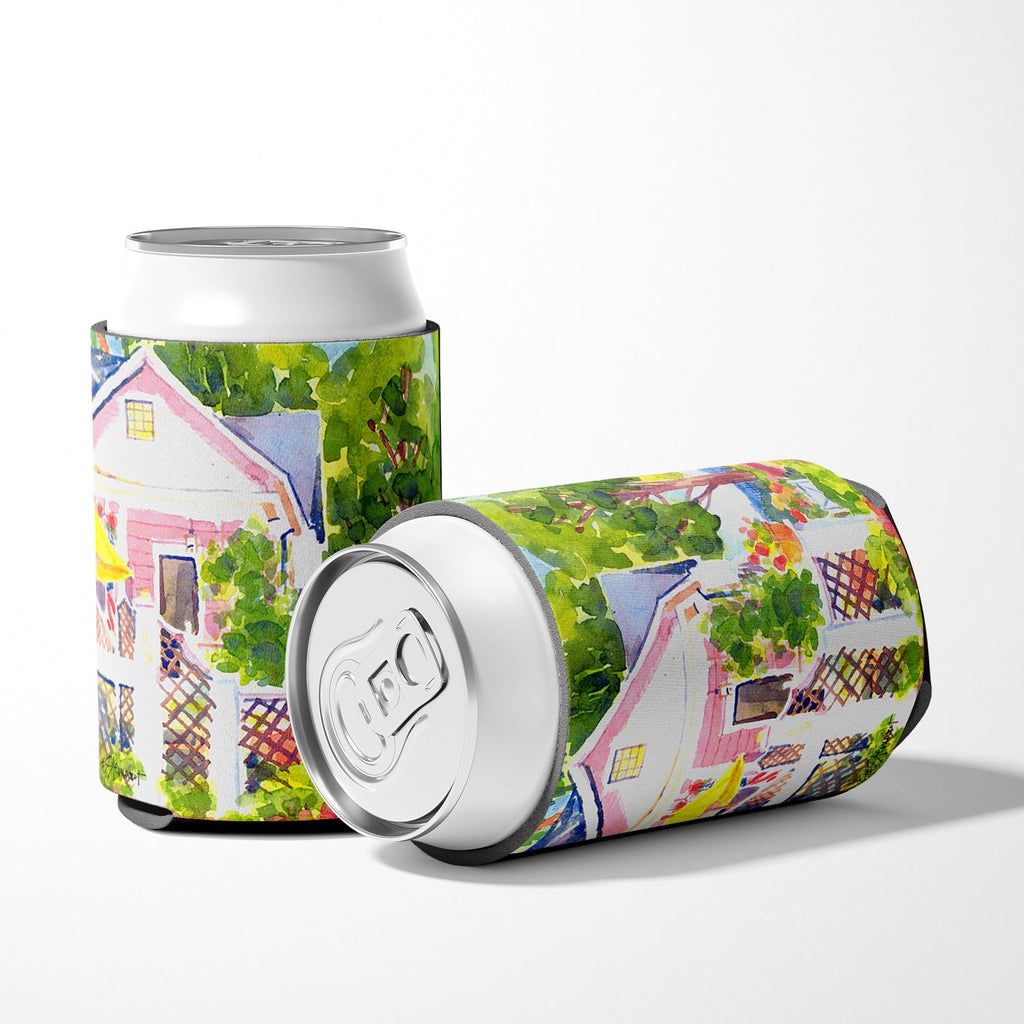 White Cottage at the beach Can or Bottle Hugger Cooler Sleeve for Standard 12 oz Cans, Insulated Foam Beer & Soda Can Hugger Reusable