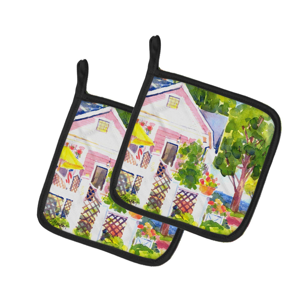 White Cottage at the beach Pot Holder Set of 2 Heat Resistant Quilted Hot Pads 7.5 x 7.5 Inch, Insulated Kitchen Trivets for Cooking & Baking