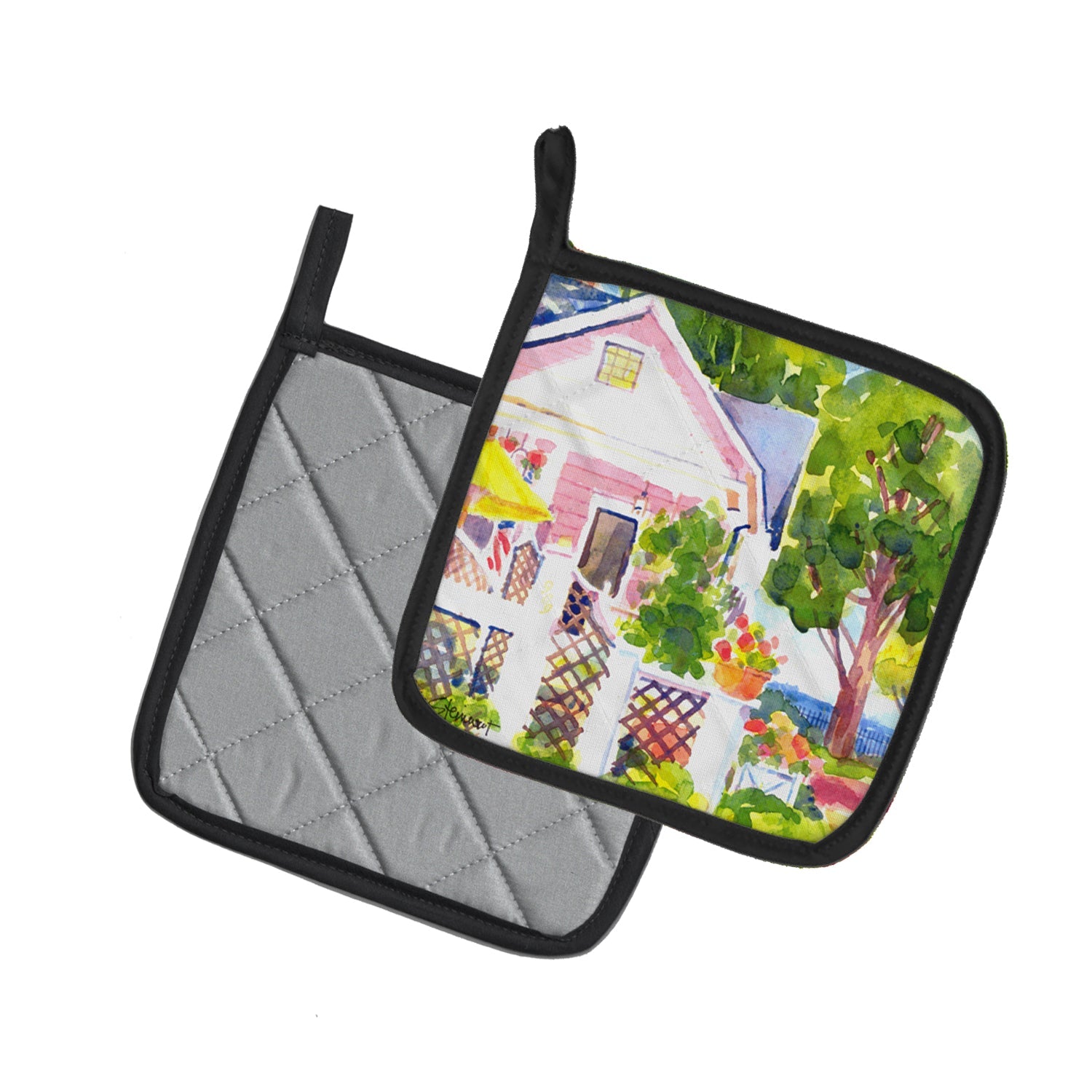 White Cottage at the beach Pot Holder Set of 2 Heat Resistant Quilted Hot Pads 7.5 x 7.5 Inch, Insulated Kitchen Trivets for Cooking & Baking