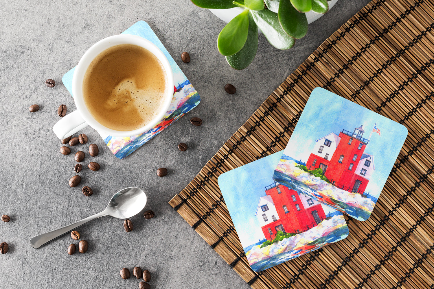 Lighthouse on the rocks Harbour Foam Coasters Set of 4 Cup Coasters for Indoor Outdoor, Tabletop Protection, Anti Slip, Mouse pad Material