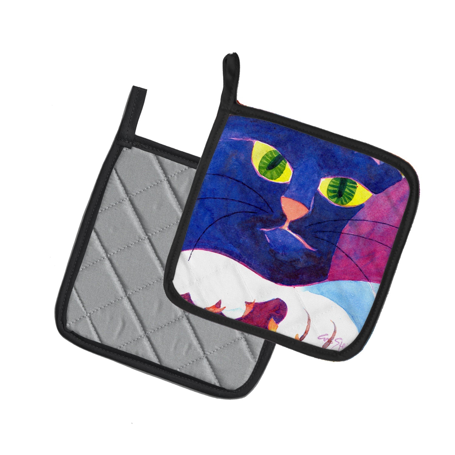 Big Blue Cat Pot Holder Set of 2 Heat Resistant Quilted Hot Pads 7.5 x 7.5 Inch, Insulated Kitchen Trivets for Cooking & Baking