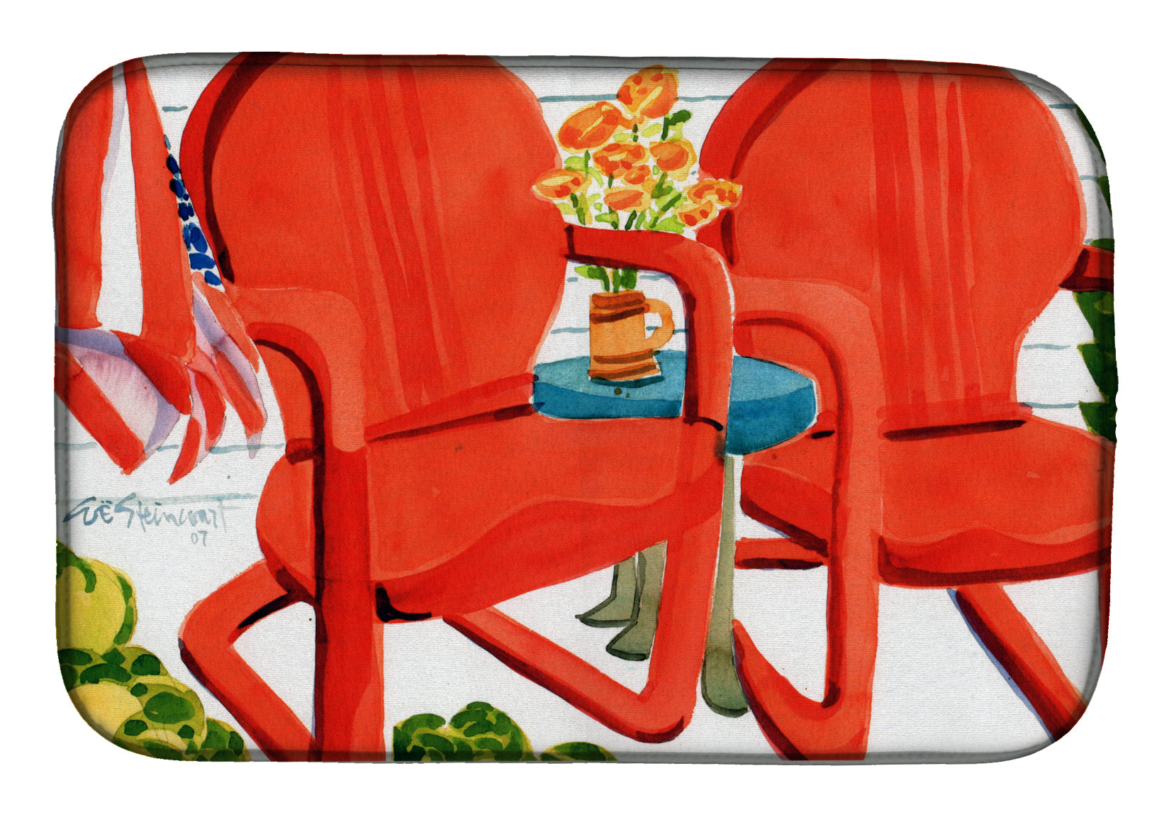 Red Chairs Patio View Dish Drying Mat Absorbent Dish Drying Mat Pad for Kitchen Counter Dish Drainer Mat for Countertop, 14 x 21", Multicolor
