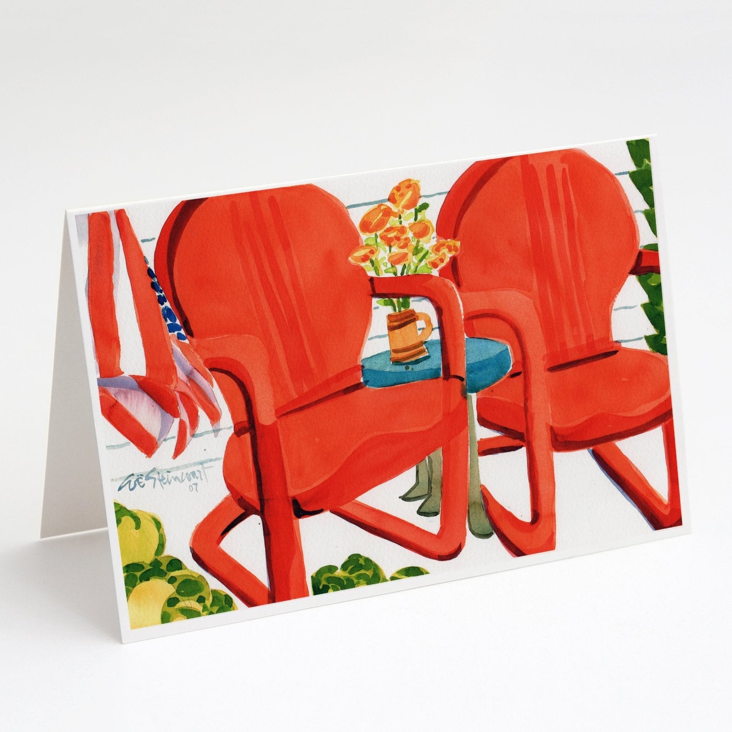 Red Chairs Patio View Greeting Cards Pack of 8 Blank Cards with Envelopes Whimsical A7 Size 5x7