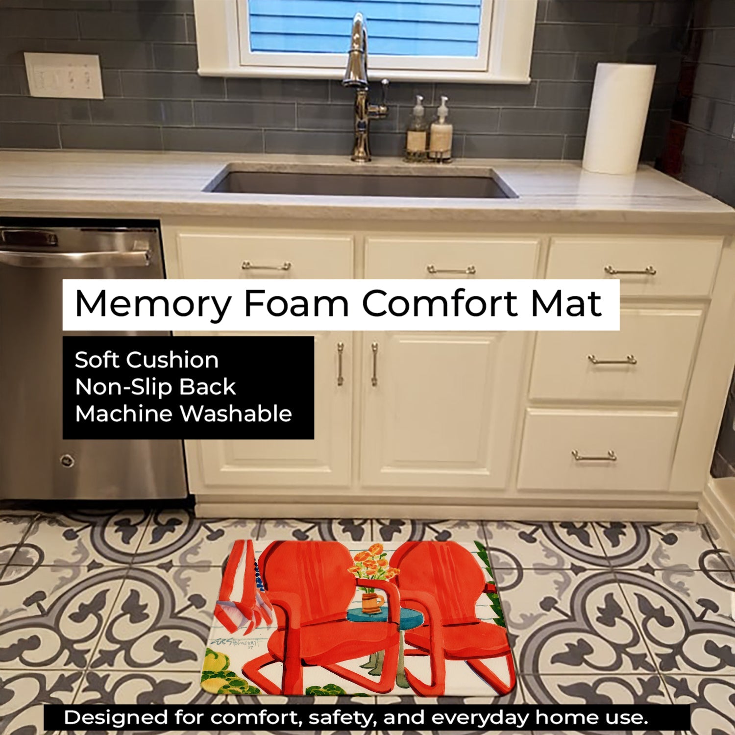 Red Chairs Patio View Memory Foam Kitchen Mat Machine Washable Anti-Fatigue Cushion Comfort Bath or Kitchen Rug