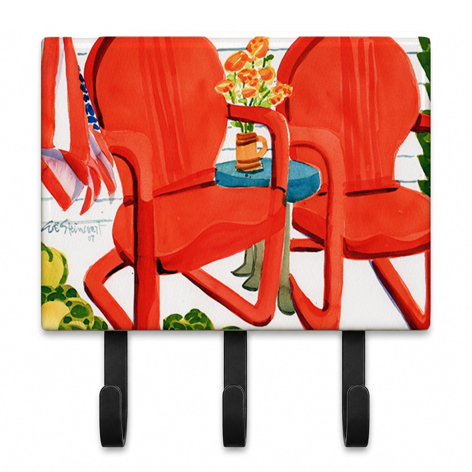 Red Chairs Patio View Leash or Key Holder Wall Hooks, Coat Rack Wall Mount, for Hanging Keys, Towels, Aprons, Leashes