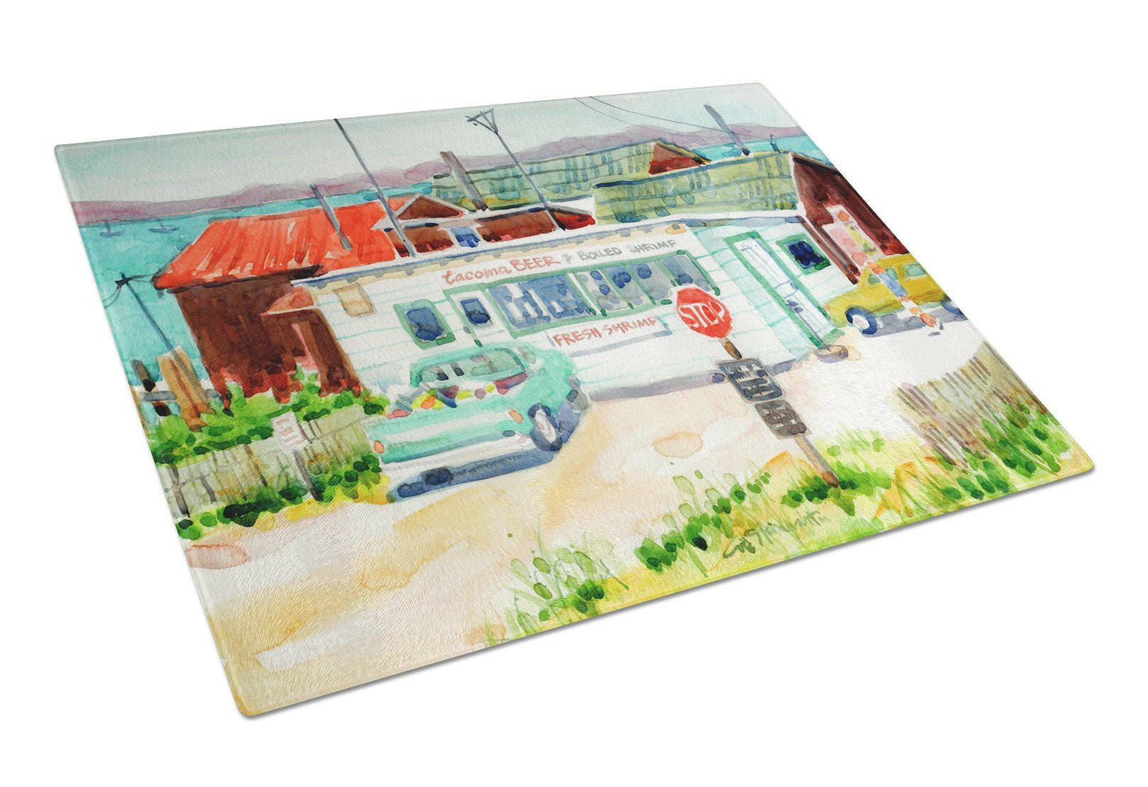 Tacoma Beer and Boiled Shrimp Market Cutting Board Tempered Glass Kitchen Cutting Surface, Heat Resistant Chopping, Non-Slip Feet, Food Prep & Serving