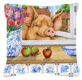 Pig trying to reach the Apple in the Window Decorative Throw Pillow 14x14 Indoor Outdoor Accent Cushion, Fabric Cover with Insert for Sofa, Bed, Porch & Living Room