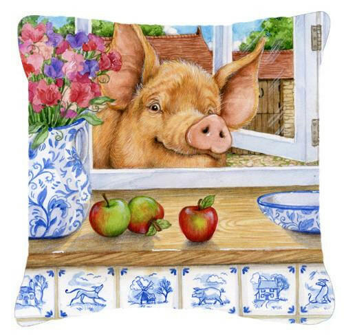 Pig trying to reach the Apple in the Window Decorative Throw Pillow 14x14 Indoor Outdoor Accent Cushion, Fabric Cover with Insert for Sofa, Bed, Porch & Living Room
