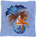 Brown Headed Mermaid on Blue Decorative Throw Pillow 14x14 Indoor Outdoor Accent Cushion, Fabric Cover with Insert for Sofa, Bed, Porch & Living Room