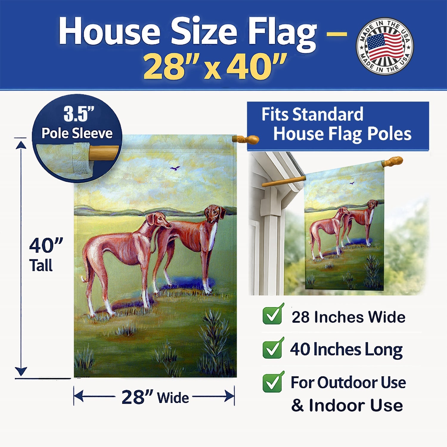 Azawakh Hound House Flag 28x40 Porch Sleeve Pole Decorative Outside Yard Banner Artwork Wall Hanging, Polyester