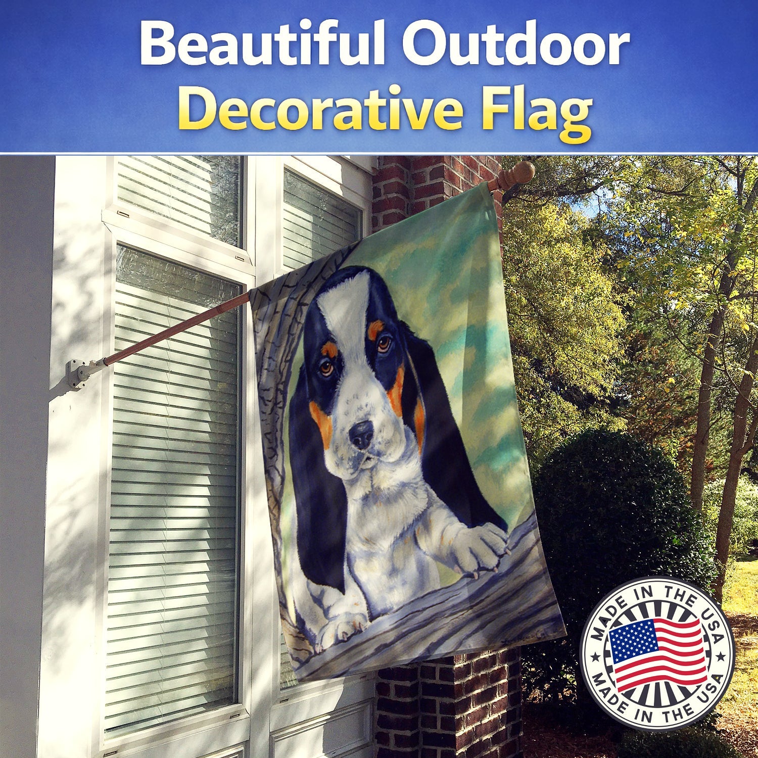 Basset Hound on the branch House Flag 28x40 Porch Sleeve Pole Decorative Outside Yard Banner Artwork Wall Hanging, Polyester