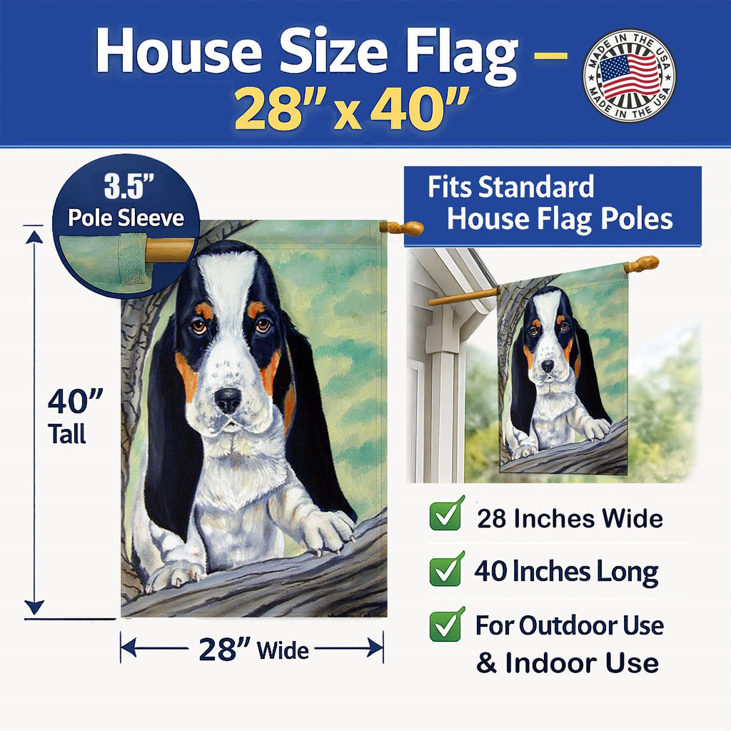 Basset Hound on the branch House Flag 28x40 Porch Sleeve Pole Decorative Outside Yard Banner Artwork Wall Hanging, Polyester