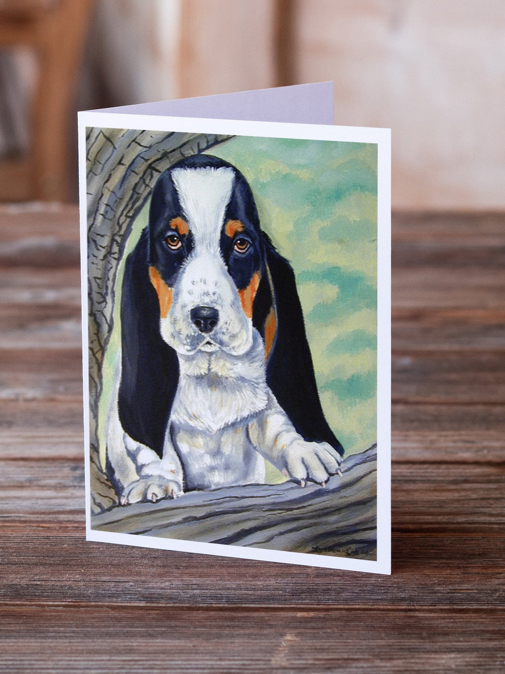 Basset Hound on the branch Greeting Cards Pack of 8 Blank Cards with Envelopes Whimsical A7 Size 5x7