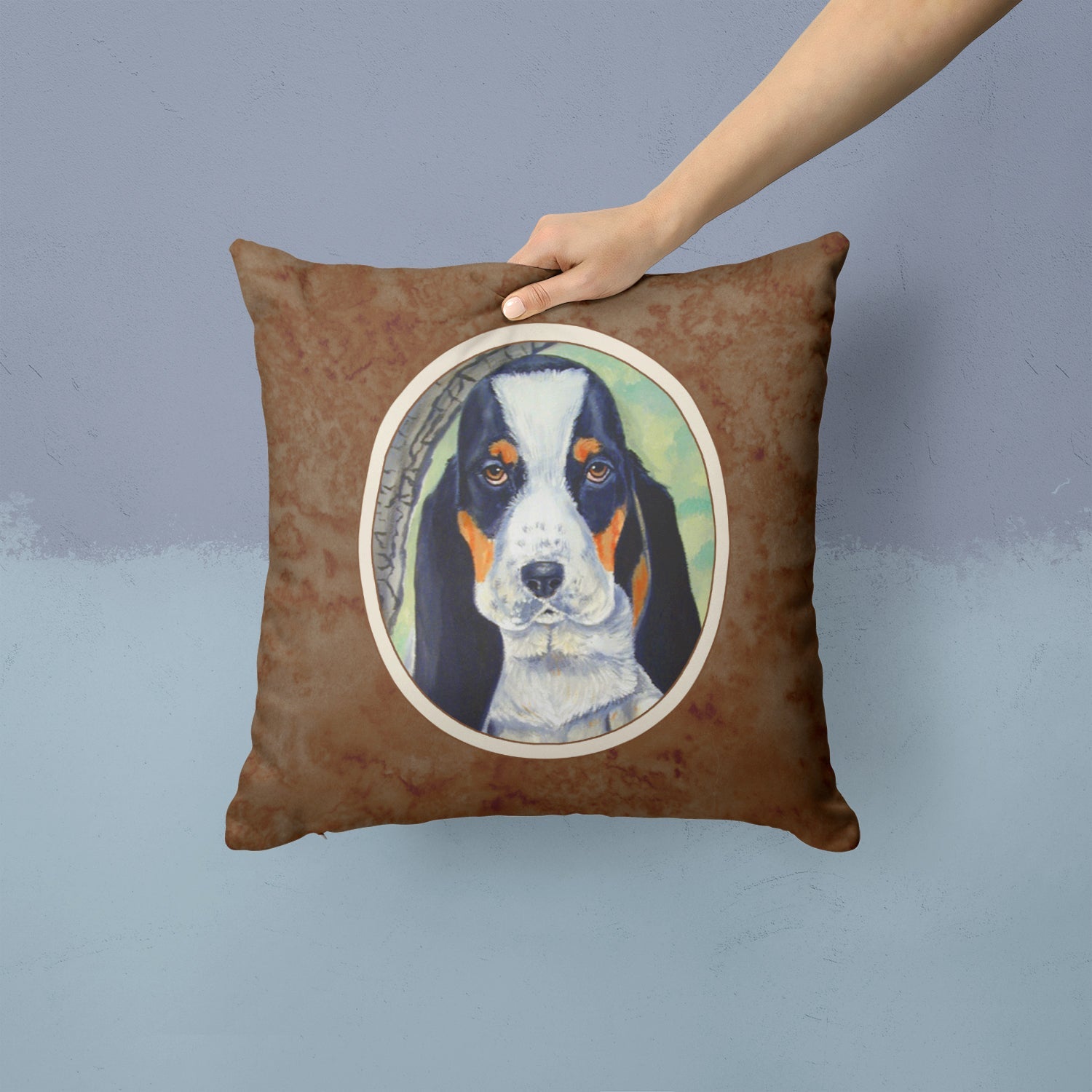 Basset Hound on the branch Decorative Throw Pillow 14x14 Indoor Outdoor Accent Cushion, Fabric Cover with Insert for Sofa, Bed, Porch & Living Room