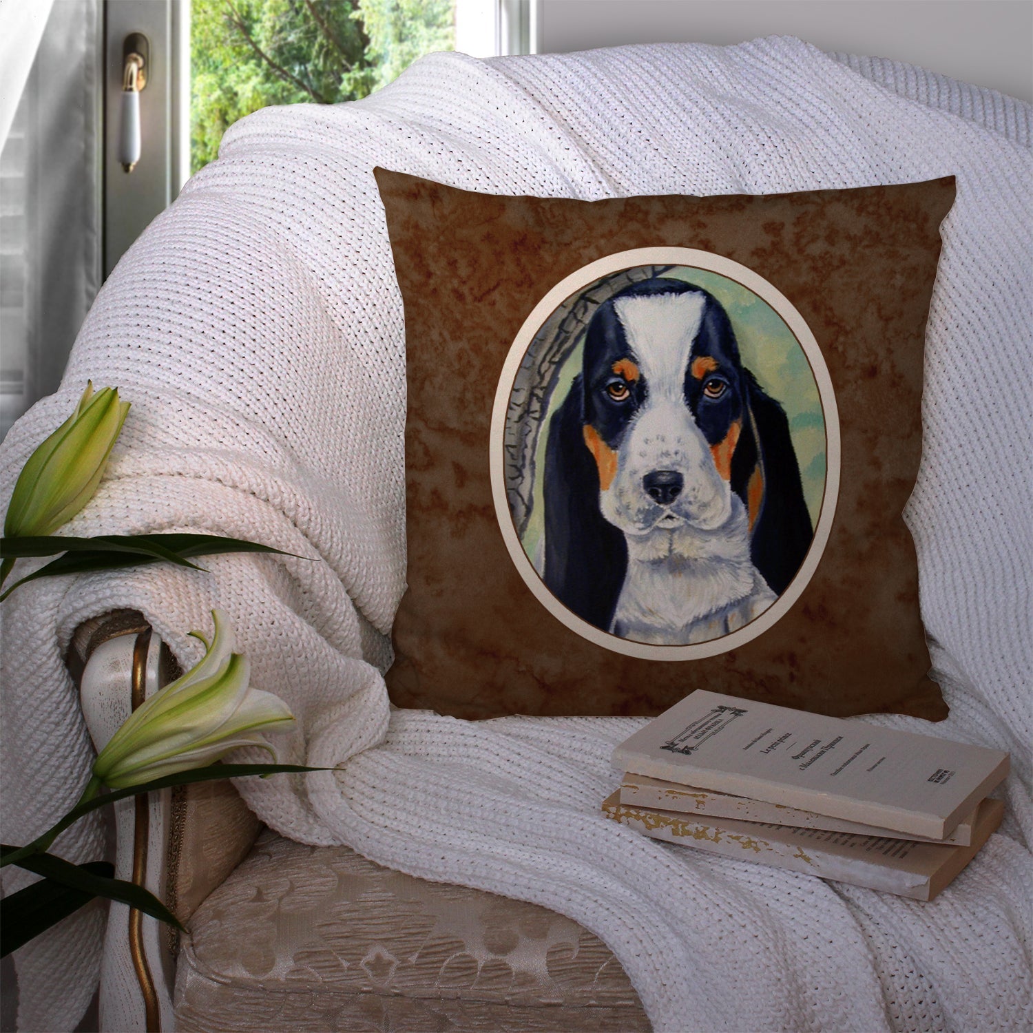 Basset Hound on the branch Decorative Throw Pillow 14x14 Indoor Outdoor Accent Cushion, Fabric Cover with Insert for Sofa, Bed, Porch & Living Room