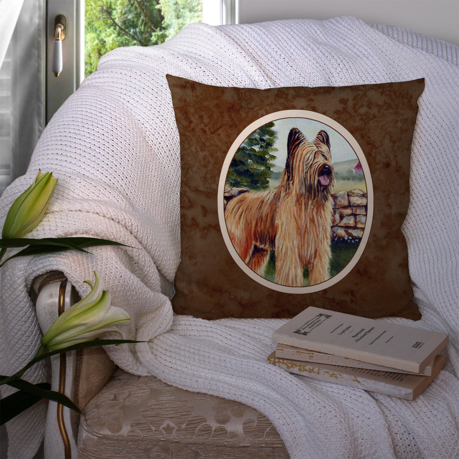 Briard Decorative Throw Pillow 14x14 Indoor Outdoor Accent Cushion, Fabric Cover with Insert for Sofa, Bed, Porch & Living Room