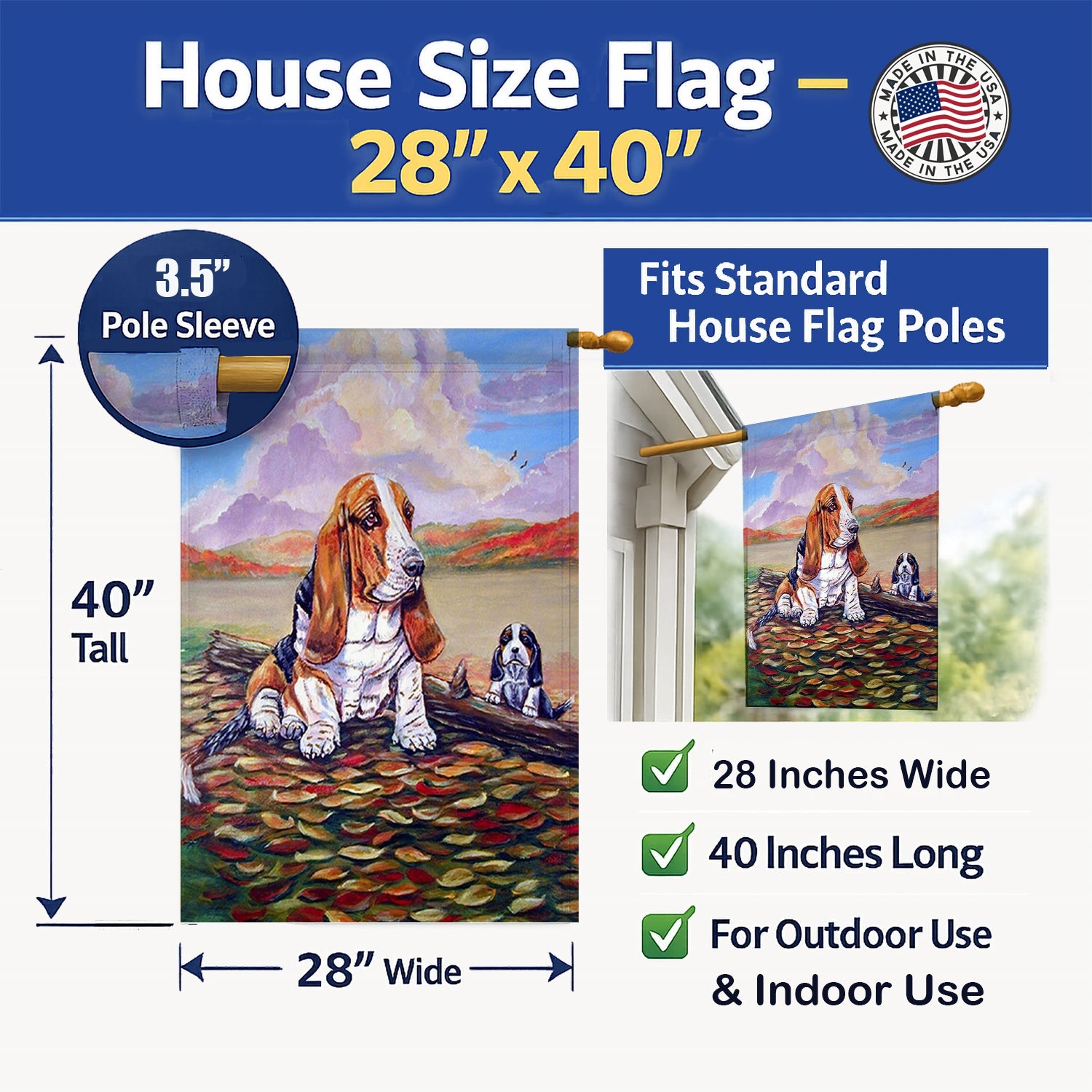 Basset Hound House Flag 28x40 Porch Sleeve Pole Decorative Outside Yard Banner Artwork Wall Hanging, Polyester