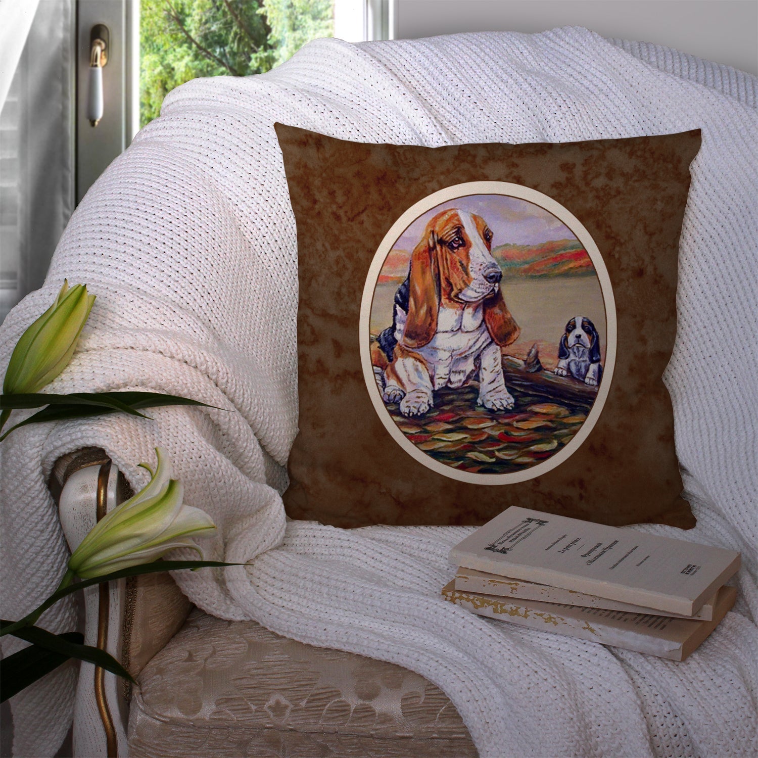 Basset Hound Decorative Throw Pillow 14x14 Indoor Outdoor Accent Cushion, Fabric Cover with Insert for Sofa, Bed, Porch & Living Room