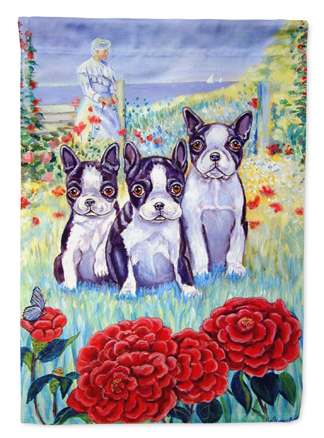Boston Terrier Trio House Flag 28x40 Porch Sleeve Pole Decorative Outside Yard Banner Artwork Wall Hanging, Polyester
