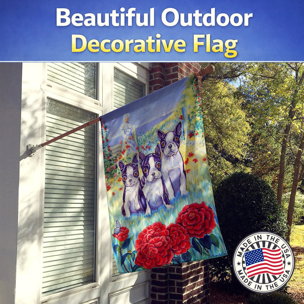 Boston Terrier Trio House Flag 28x40 Porch Sleeve Pole Decorative Outside Yard Banner Artwork Wall Hanging, Polyester