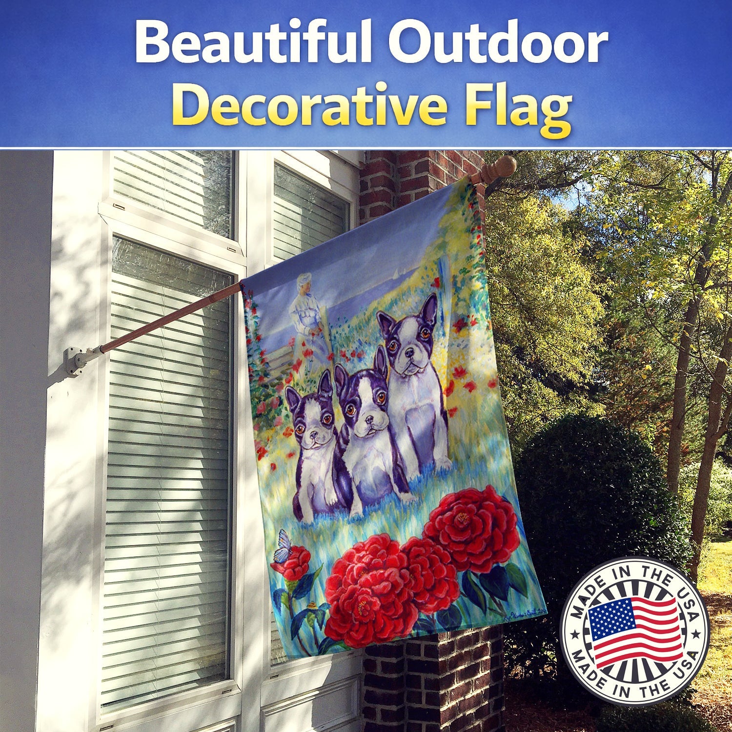 Boston Terrier Trio House Flag 28x40 Porch Sleeve Pole Decorative Outside Yard Banner Artwork Wall Hanging, Polyester