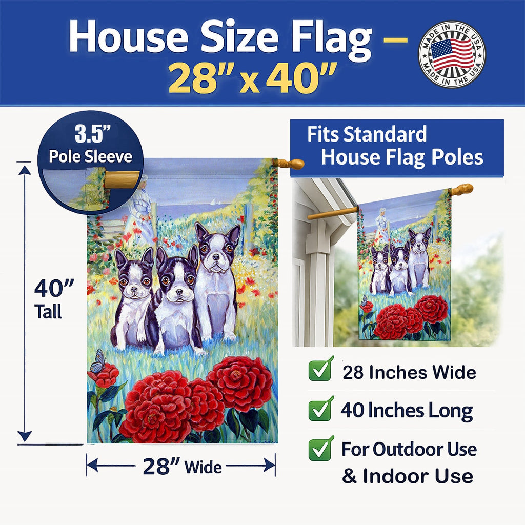 Boston Terrier Trio House Flag 28x40 Porch Sleeve Pole Decorative Outside Yard Banner Artwork Wall Hanging, Polyester