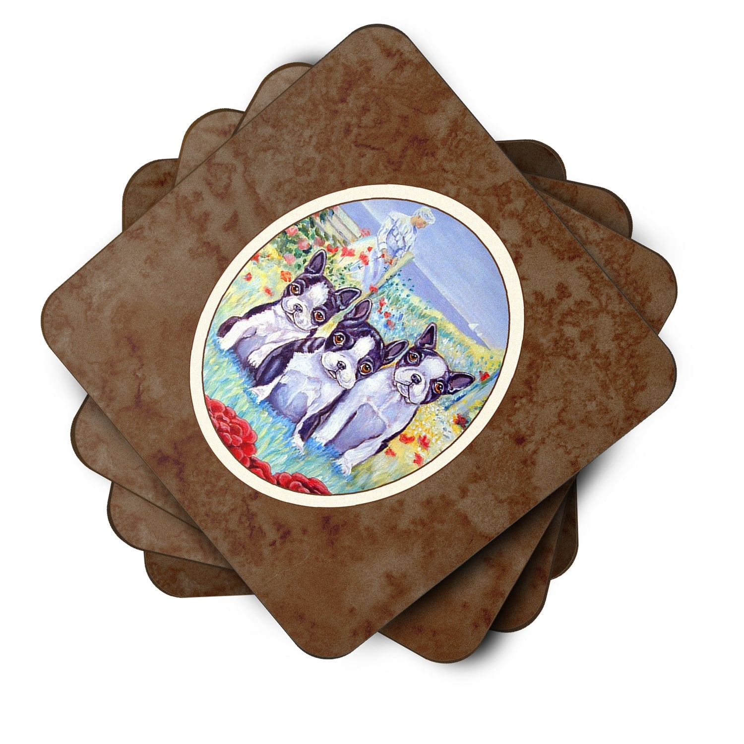 Boston Terrier Trio Foam Coasters Set of 4 Cup Coasters for Indoor Outdoor, Tabletop Protection, Anti Slip, Mouse pad Material