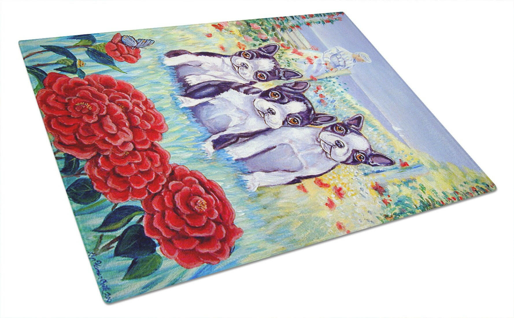Boston Terrier Trio Cutting Board Tempered Glass Kitchen Cutting Surface, Heat Resistant Chopping, Non-Slip Feet, Food Prep & Serving