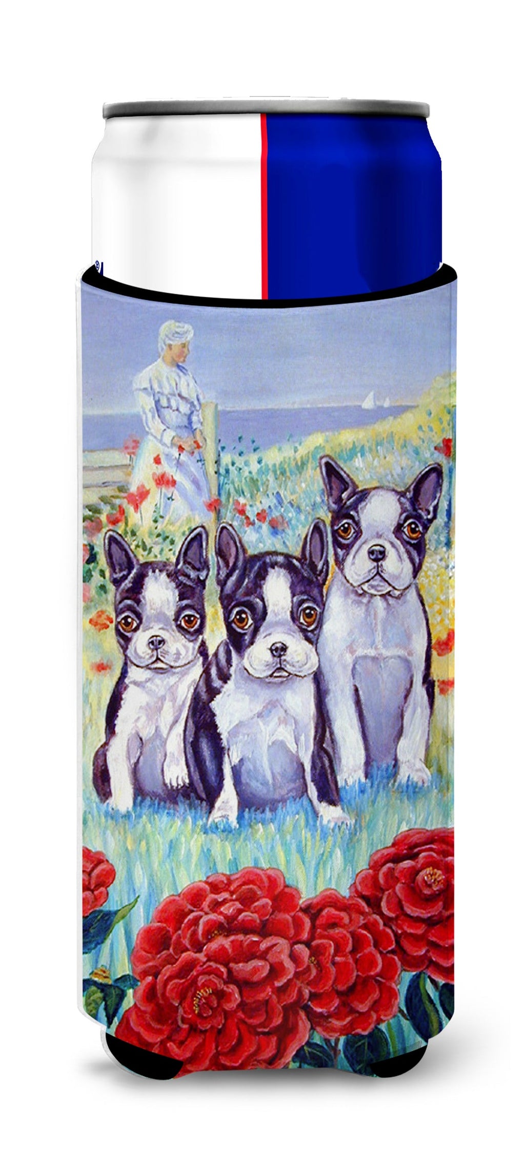 Boston Terrier Trio Slim Can Hugger , Insulated Foam Hugger for 12 oz Slim Cans, Beer Bottles & Water Bottles, Printed in USA