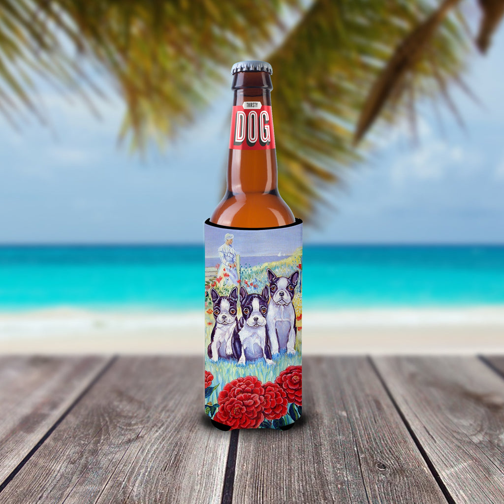 Boston Terrier Trio Slim Can Hugger , Insulated Foam Hugger for 12 oz Slim Cans, Beer Bottles & Water Bottles, Printed in USA