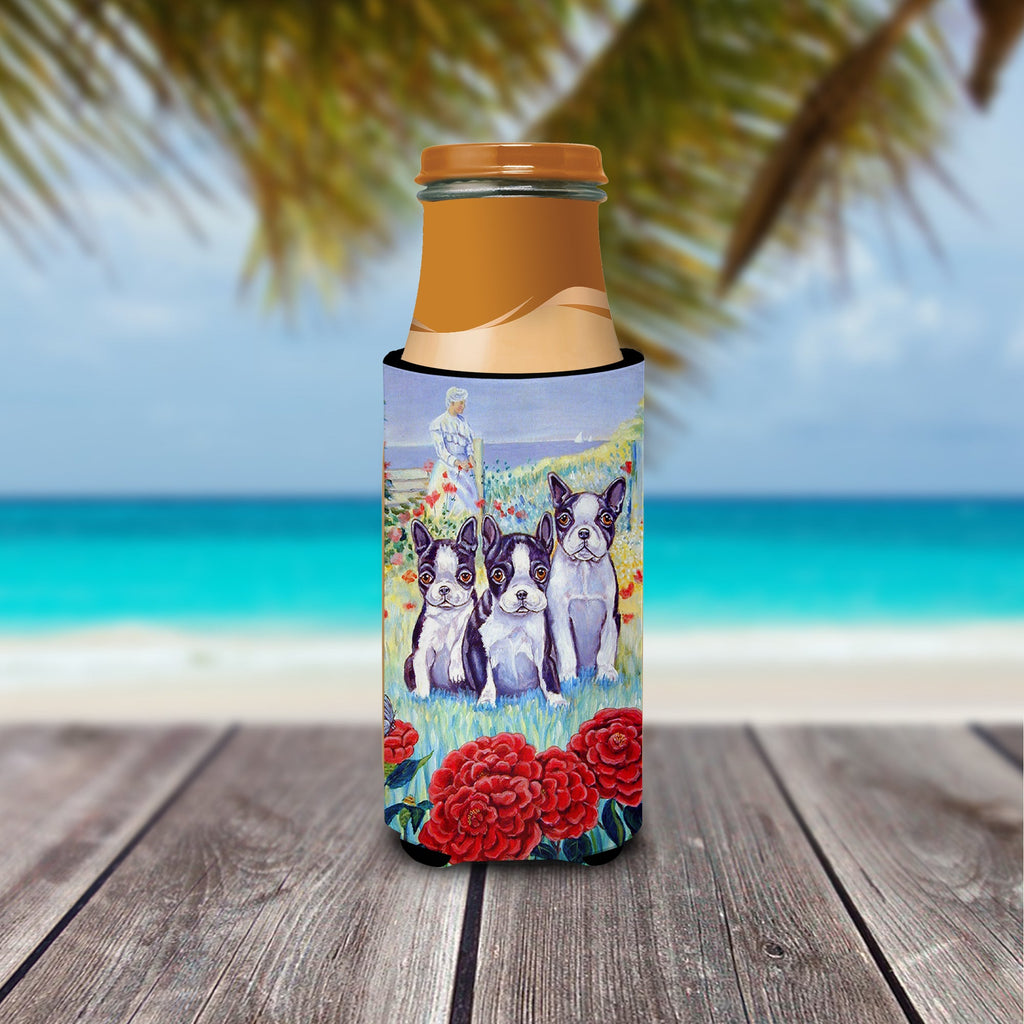 Boston Terrier Trio Slim Can Hugger , Insulated Foam Hugger for 12 oz Slim Cans, Beer Bottles & Water Bottles, Printed in USA