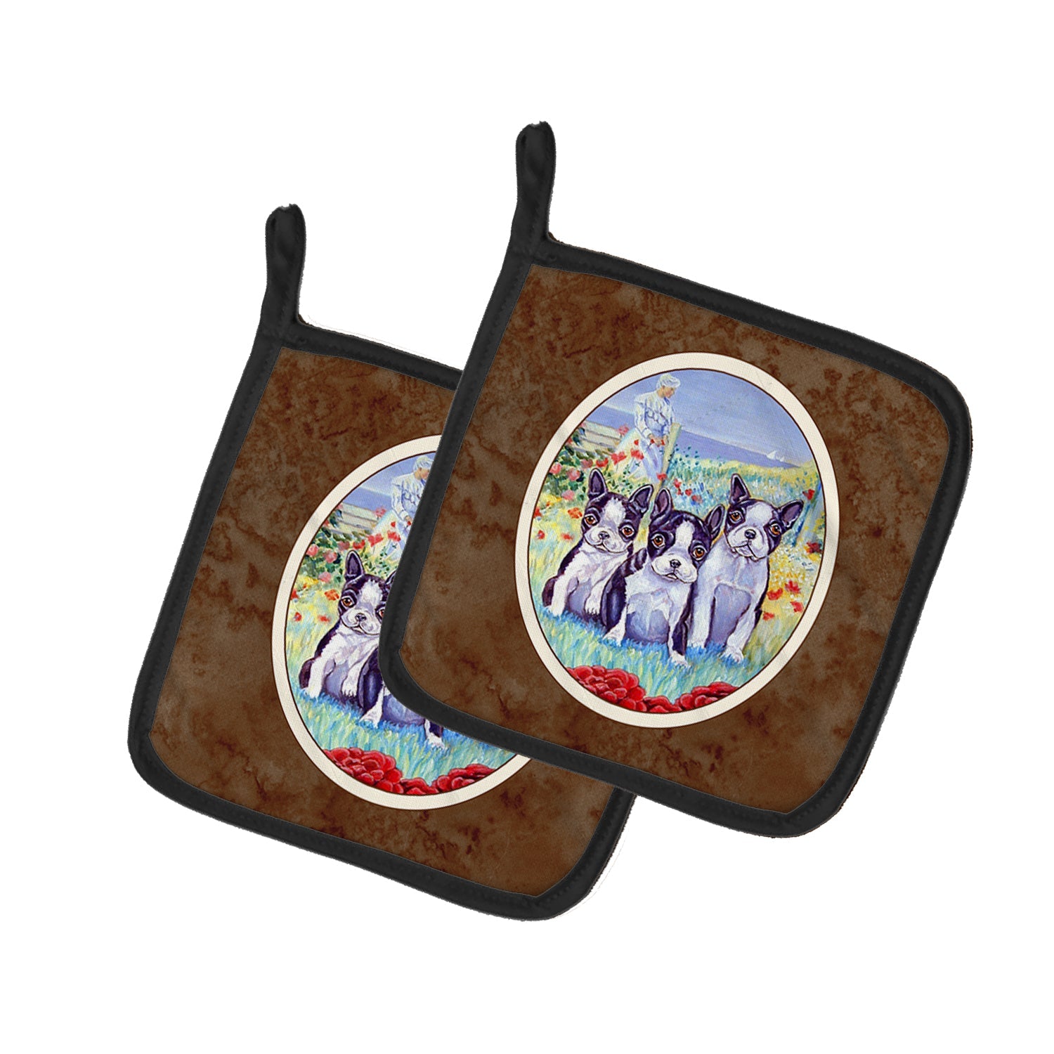 Boston Terrier Trio Pot Holder Set of 2 Heat Resistant Quilted Hot Pads 7.5 x 7.5 Inch, Insulated Kitchen Trivets for Cooking & Baking