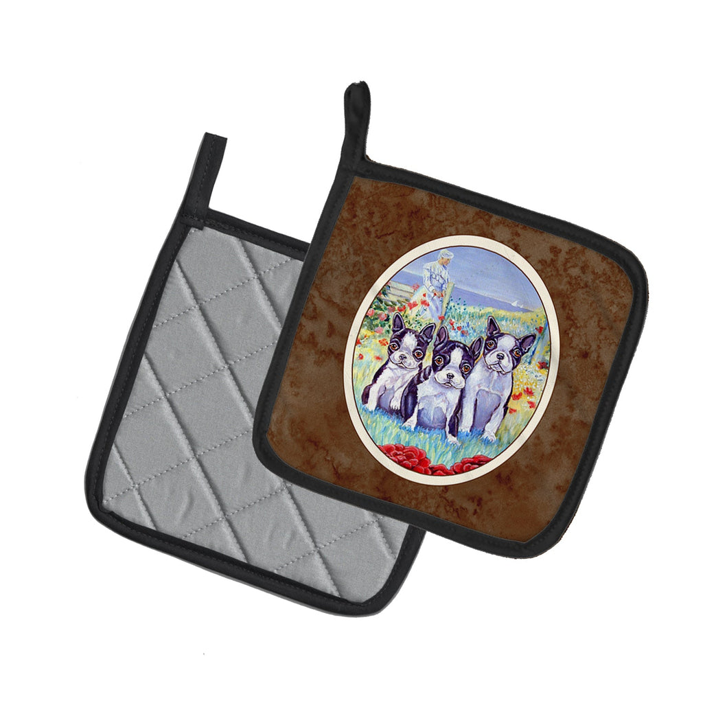 Boston Terrier Trio Pot Holder Set of 2 Heat Resistant Quilted Hot Pads 7.5 x 7.5 Inch, Insulated Kitchen Trivets for Cooking & Baking