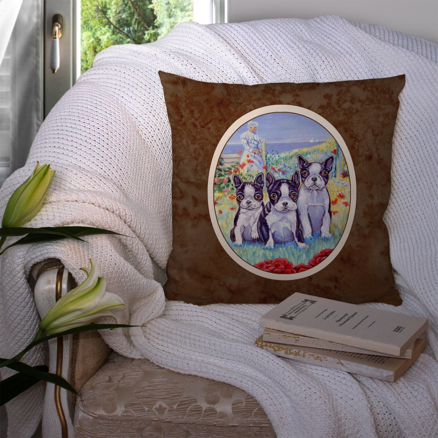 Boston Terrier Trio Decorative Throw Pillow 14x14 Indoor Outdoor Accent Cushion, Fabric Cover with Insert for Sofa, Bed, Porch & Living Room