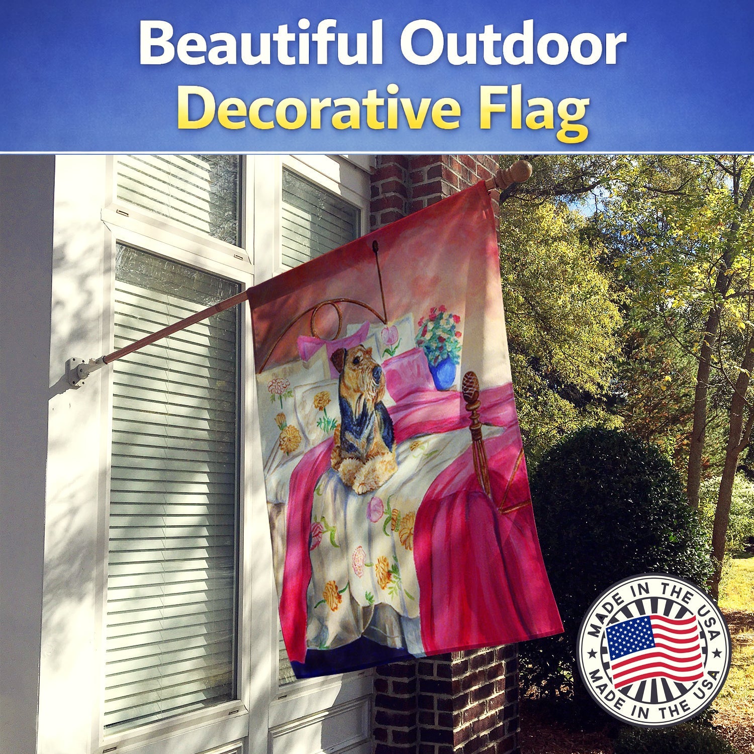 Airedale Waiting on Mom House Flag 28x40 Porch Sleeve Pole Decorative Outside Yard Banner Artwork Wall Hanging, Polyester