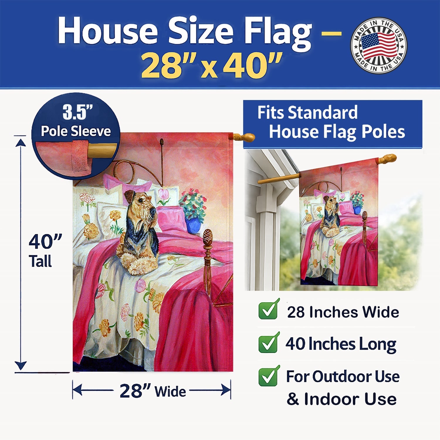 Airedale Waiting on Mom House Flag 28x40 Porch Sleeve Pole Decorative Outside Yard Banner Artwork Wall Hanging, Polyester