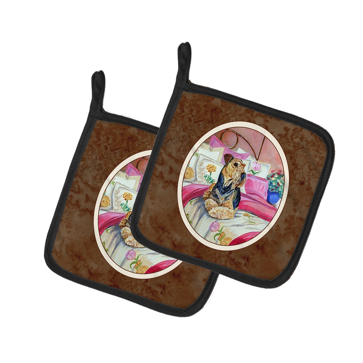 Airedale Waiting on Mom Pot Holder Set of 2 Heat Resistant Quilted Hot Pads 7.5 x 7.5 Inch, Insulated Kitchen Trivets for Cooking & Baking