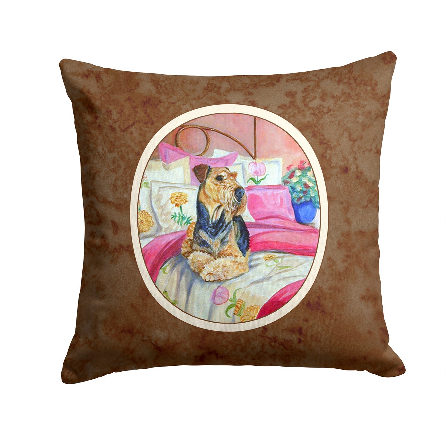 Airedale Waiting on Mom Decorative Throw Pillow 14x14 Indoor Outdoor Accent Cushion, Fabric Cover with Insert for Sofa, Bed, Porch & Living Room