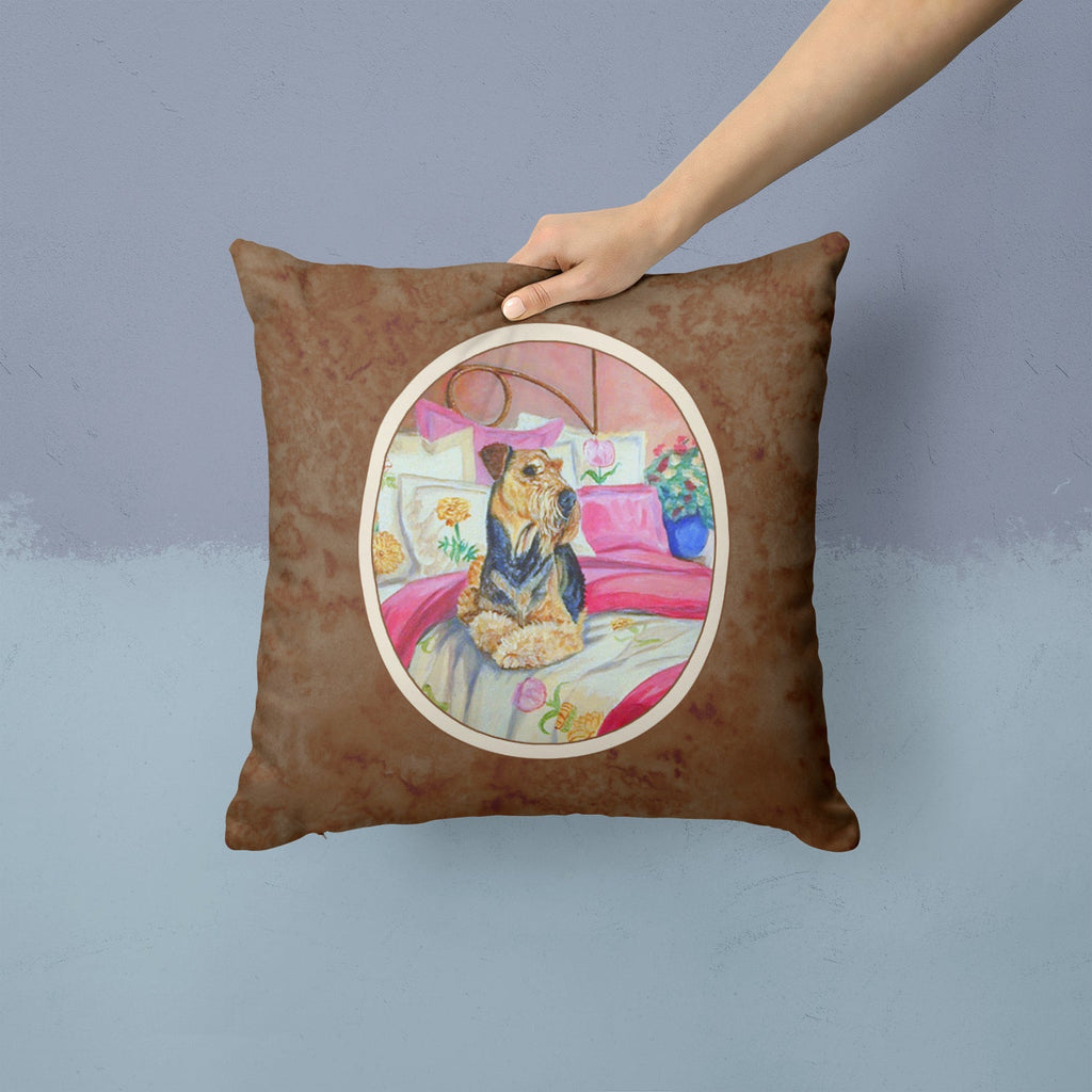 Airedale Waiting on Mom Decorative Throw Pillow 14x14 Indoor Outdoor Accent Cushion, Fabric Cover with Insert for Sofa, Bed, Porch & Living Room