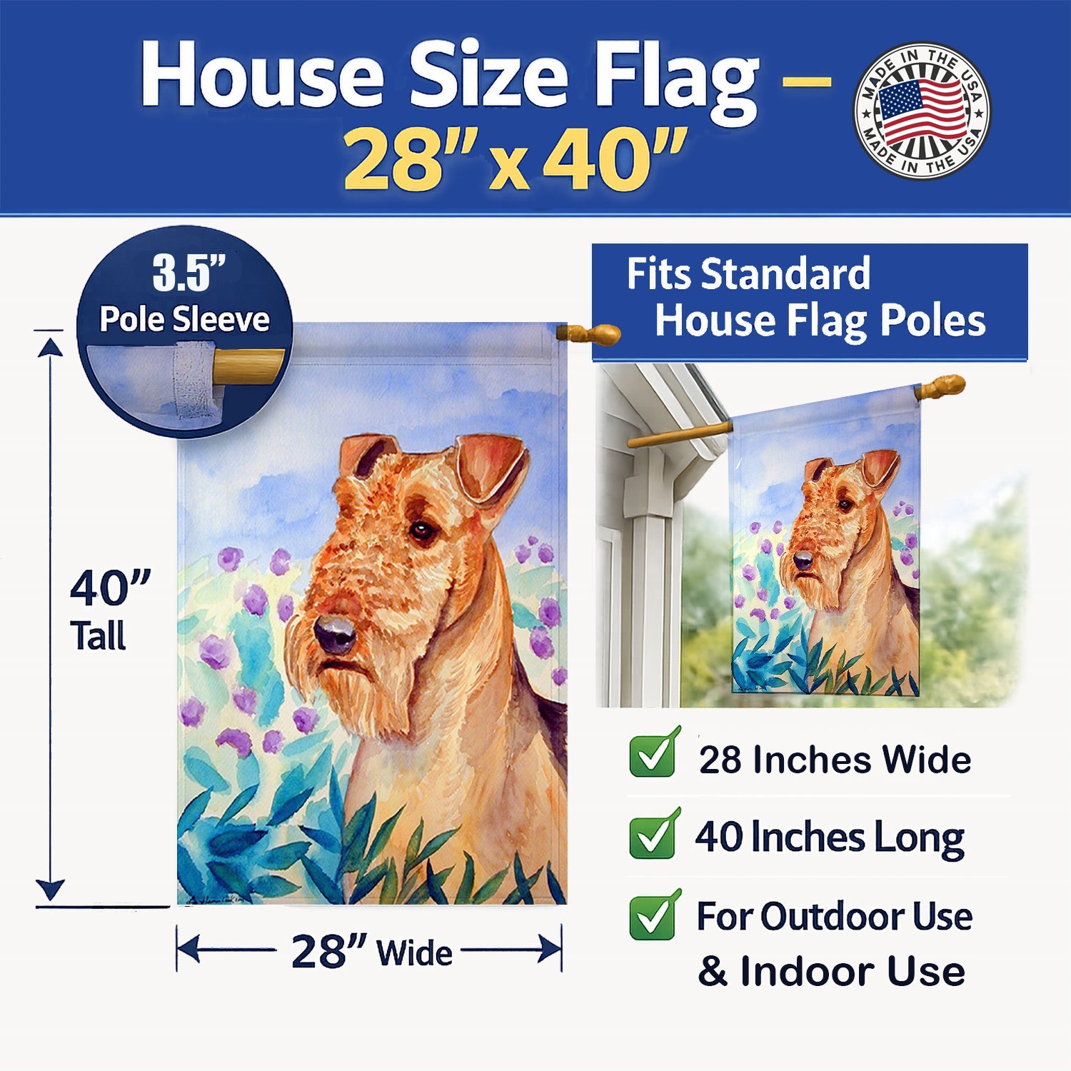 Airedale Terrier in Flowers House Flag 28x40 Porch Sleeve Pole Decorative Outside Yard Banner Artwork Wall Hanging, Polyester