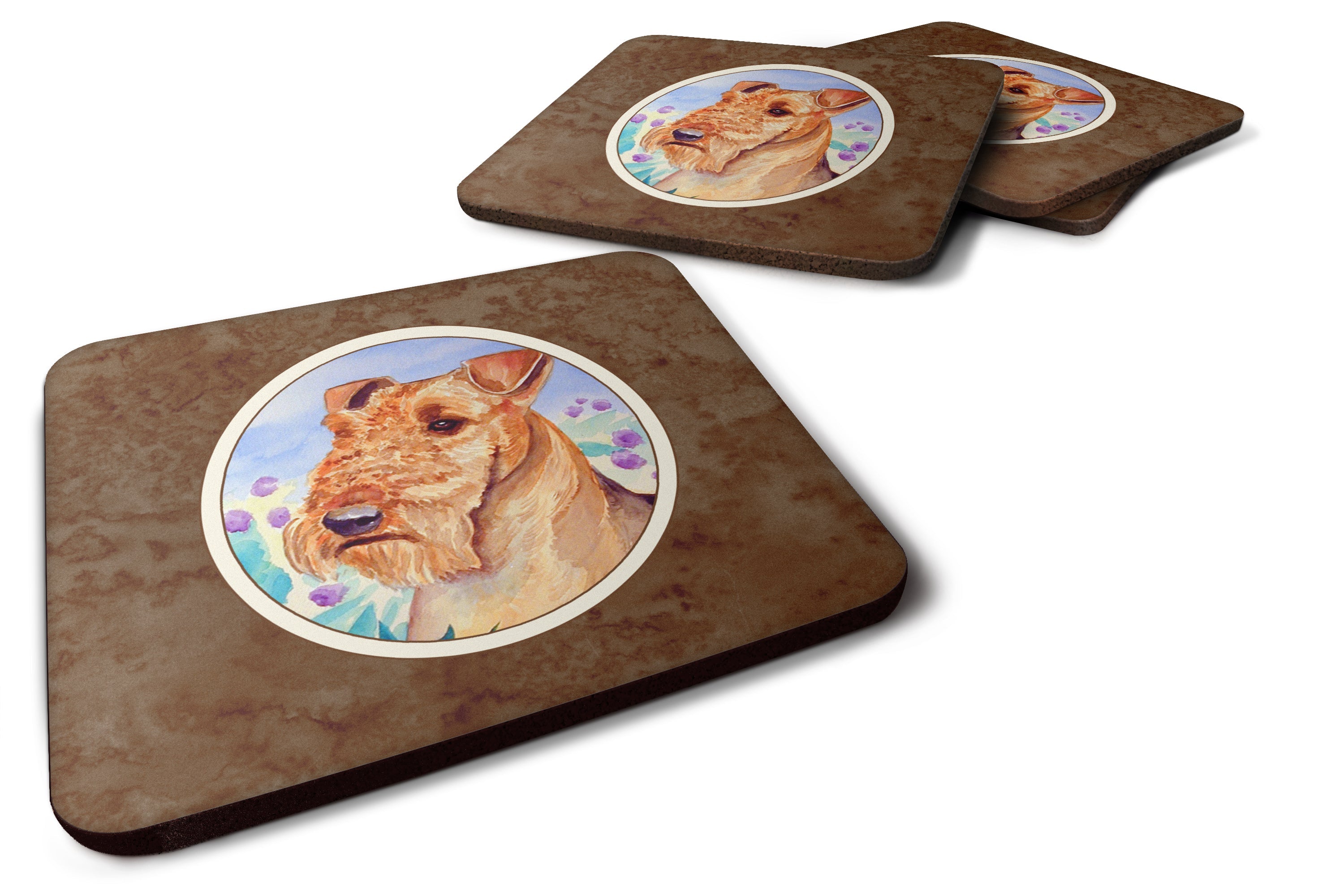 Airedale Terrier in Flowers Foam Coasters Set of 4 Cup Coasters for Indoor Outdoor, Tabletop Protection, Anti Slip, Mouse pad Material