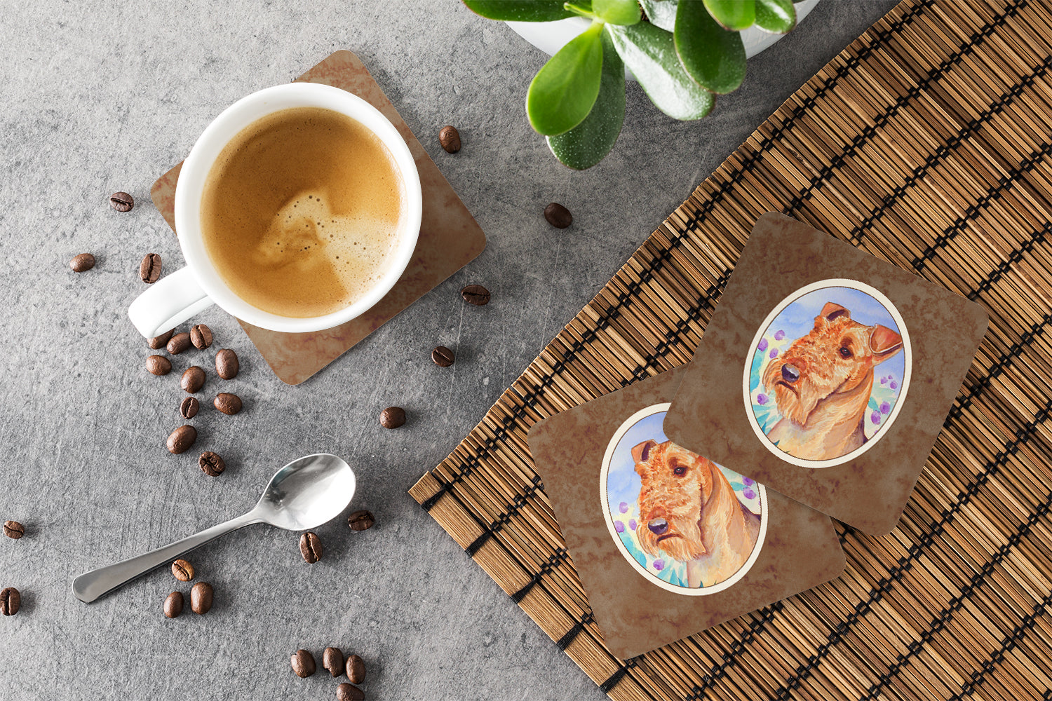 Airedale Terrier in Flowers Foam Coasters Set of 4 Cup Coasters for Indoor Outdoor, Tabletop Protection, Anti Slip, Mouse pad Material