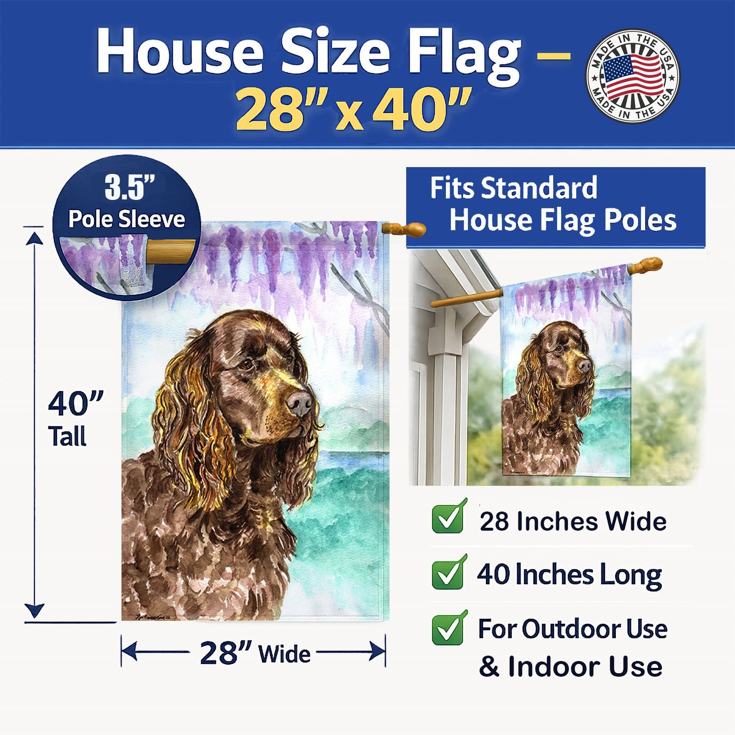 American Water Spaniel House Flag 28x40 Porch Sleeve Pole Decorative Outside Yard Banner Artwork Wall Hanging, Polyester