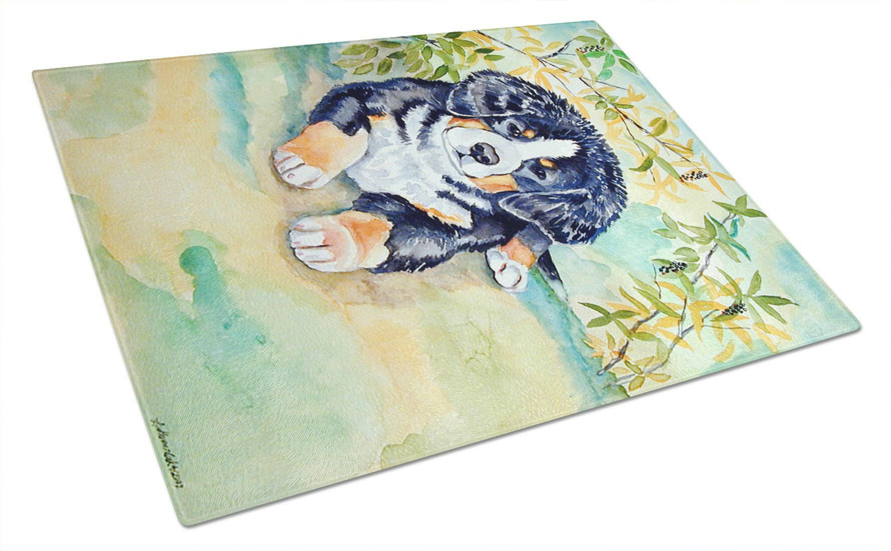 Bernese Mountain Dog Puppy Cutting Board Tempered Glass Kitchen Cutting Surface, Heat Resistant Chopping, Non-Slip Feet, Food Prep & Serving