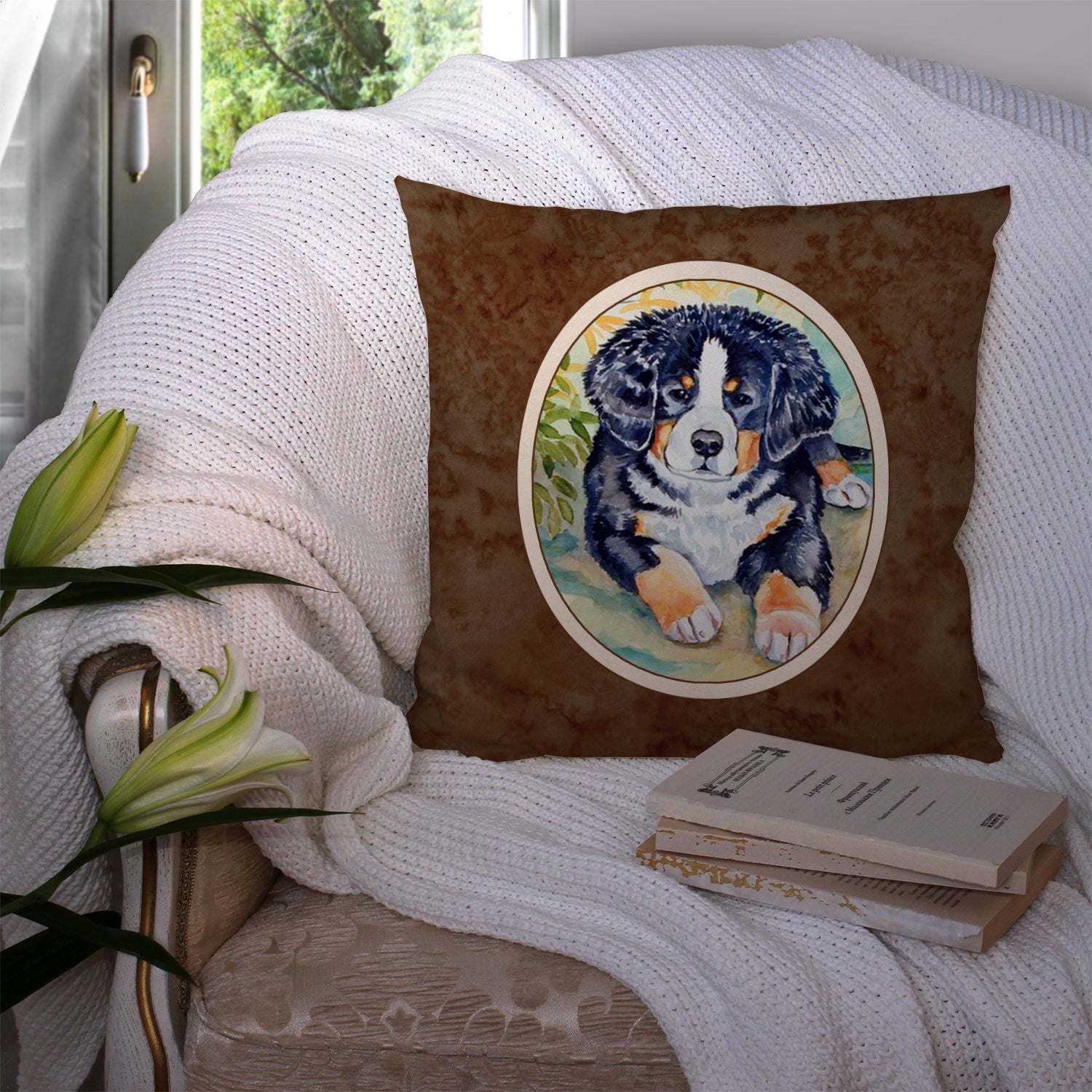 Bernese Mountain Dog Puppy Decorative Throw Pillow 14x14 Indoor Outdoor Accent Cushion, Fabric Cover with Insert for Sofa, Bed, Porch & Living Room